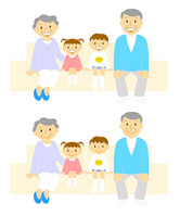 ソファーに座るおじいちゃんおばあちゃんと孫　笑顔　微笑 イラスト みやもとかずみ